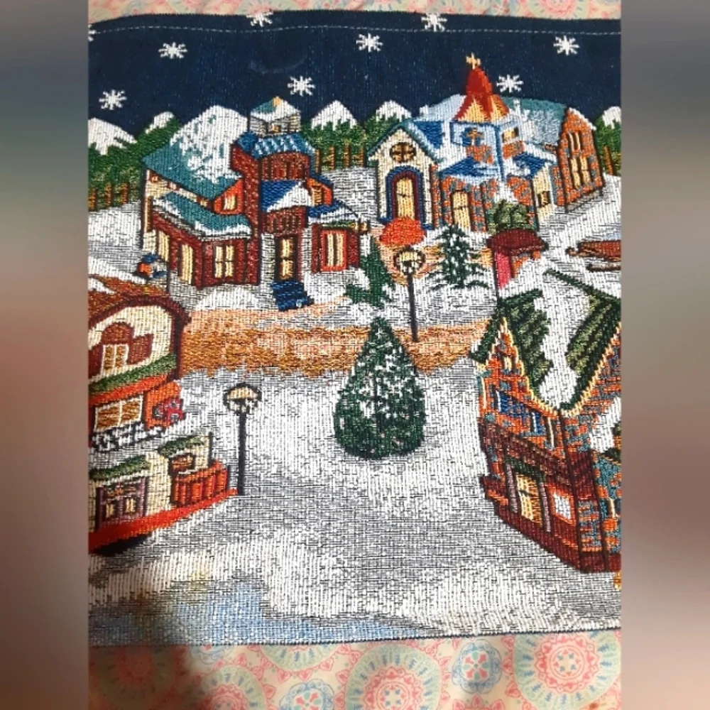 Festive Holiday Tapestry with Village Table Place Mat Scene 17X13